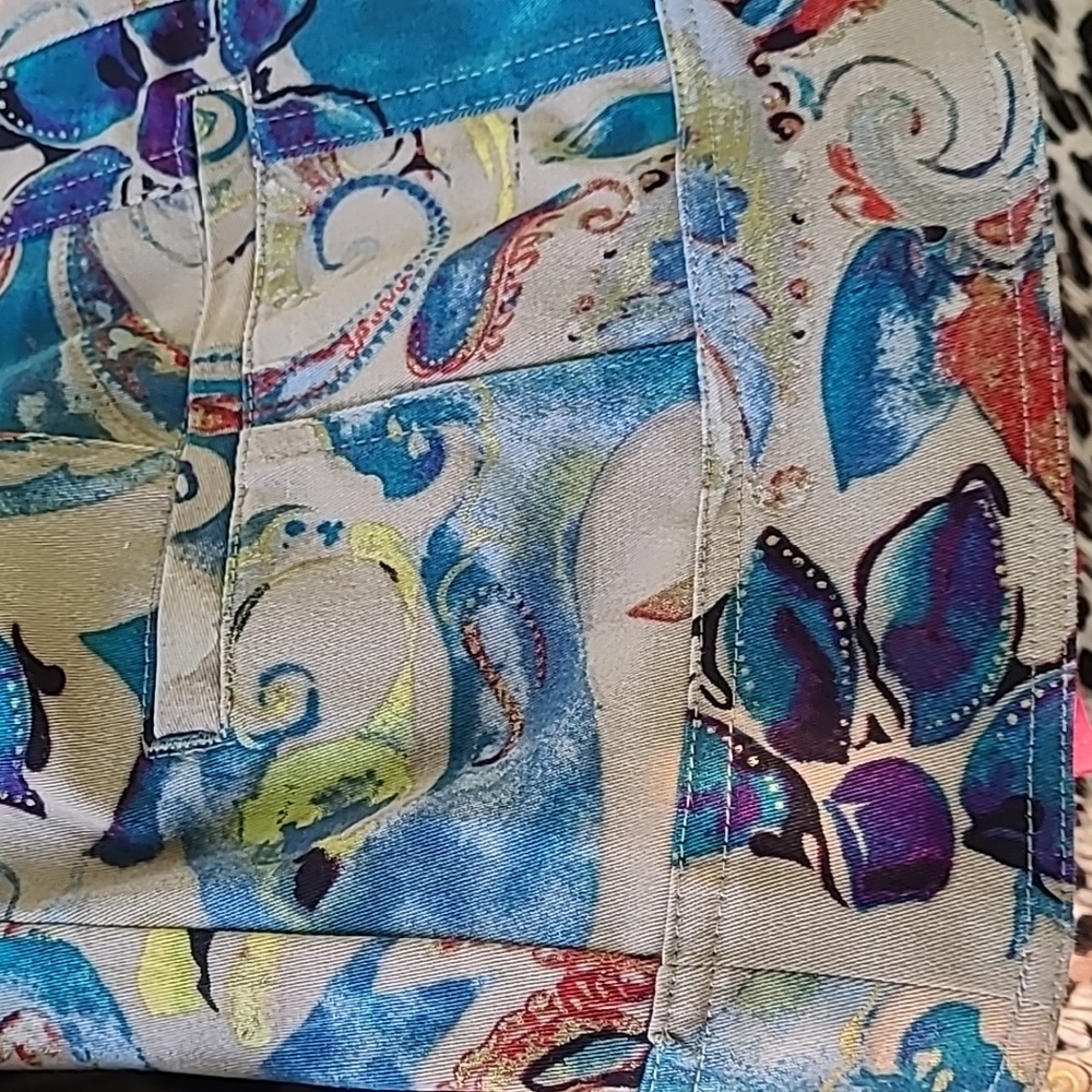 Chico's Floral Paisley Tan Blues Multi color cotton blend Women's Jacket‎ M - Picture 7 of 10